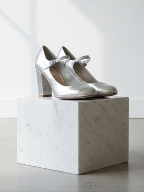 "Skippy" Silver Snake Mary Jane Block Heels